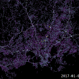 Traffic measurement points from Helsinki region for one week. Size = traffic amount and color = avg speed · Data: http://www.liikennevirasto.fi/web/en/open-data/materials/tms-data#.WS0DPevygV0