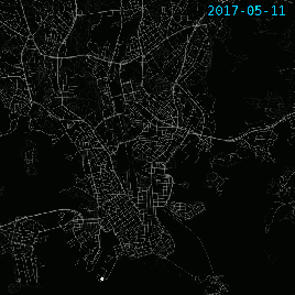 30 minutes of public transport GPS tracks (trams, buses, trains…) from Helsinki · Data: https://digitransit.fi/en/developers/