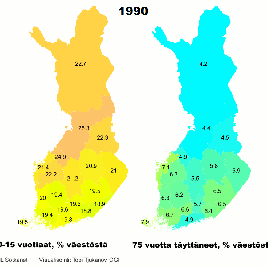 Share of under 15 year olds and over 75 year olds from the total population in Finland from 1990 to 2040. · Data: https://www.sotkanet.fi/sotkanet/en/haku